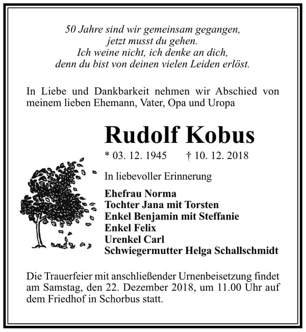 Traueranzeige Rudolf Kobus
