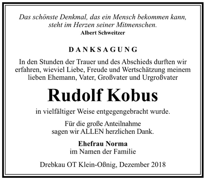 Danksagung Rudolf Kobus