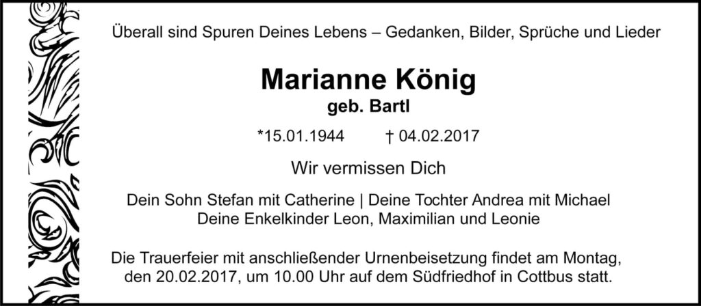 Traueranzeige Marianne König, geb. Bartl