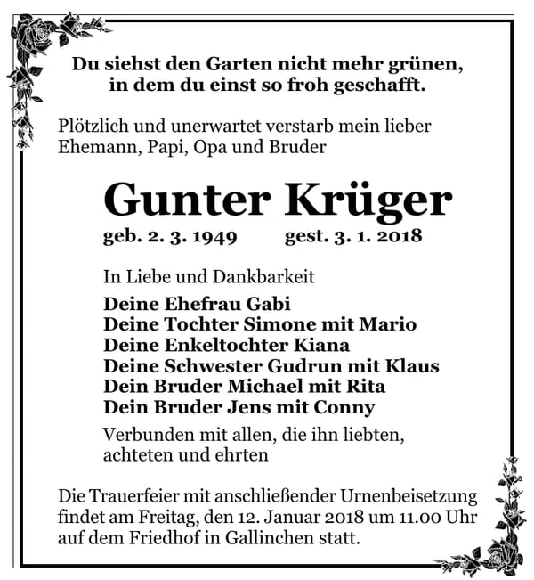 Traueranzeige Gunter Krüger