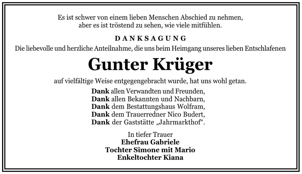 Danksagung Gunter Krüger