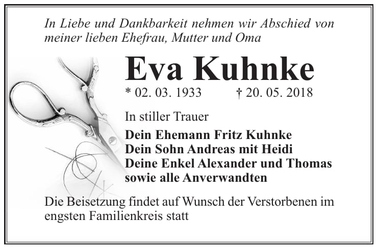 Traueranzeige Eva Kuhnke