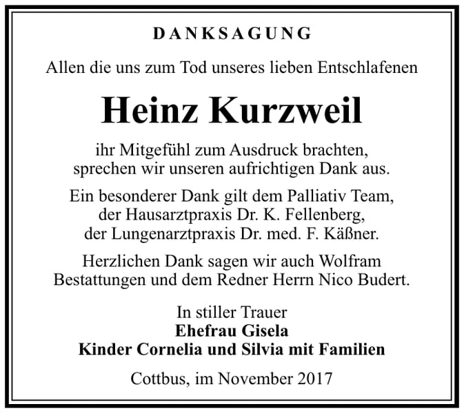 Danksagung Heinz Kurzweil