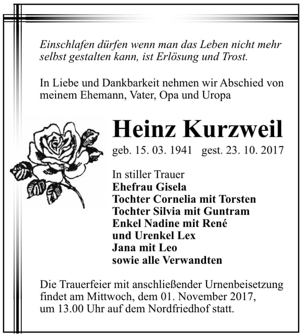 Traueranzeige Heinz Kurzweil