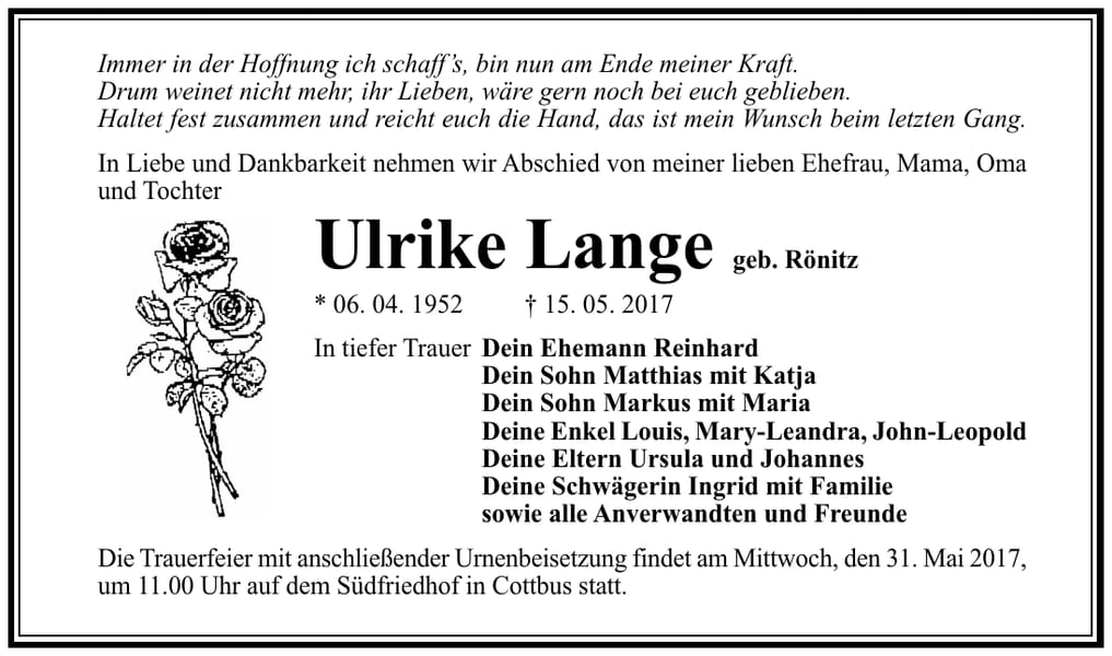 Traueranzeige Ulrike Lange, geb. Rönitz