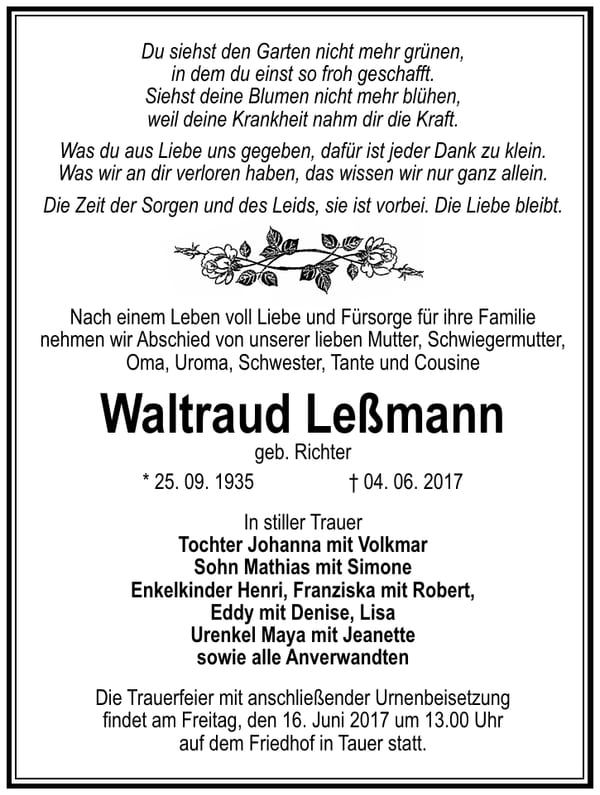 Traueranzeige Waltraud Leßmann, geb. Richter