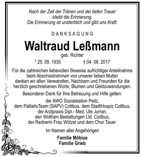 Danksagung Waltraud Leßmann, geb. Richter