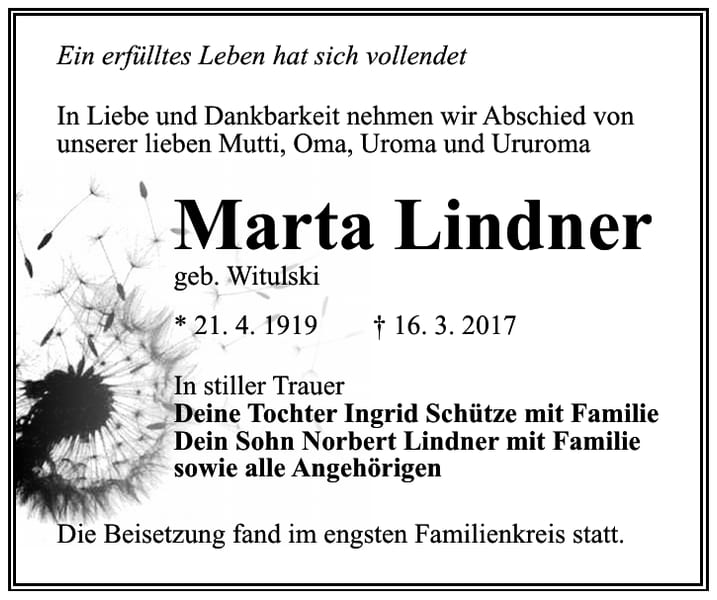 Traueranzeige Marta Lindner, geb. Witulski