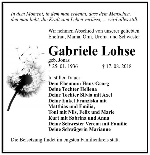 Traueranzeige Gabriele Lohse, geb. Jonas