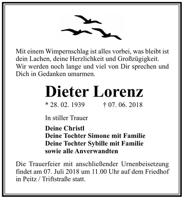 Traueranzeige Dieter Lorenz