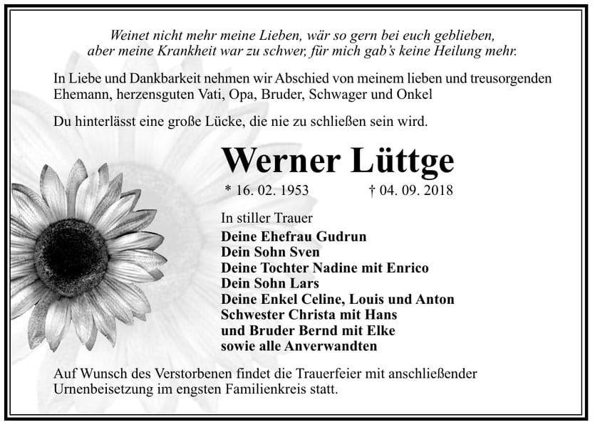 Traueranzeige Werner Lüttge