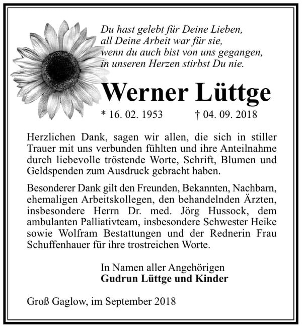 Danksagung Werner Lüttge