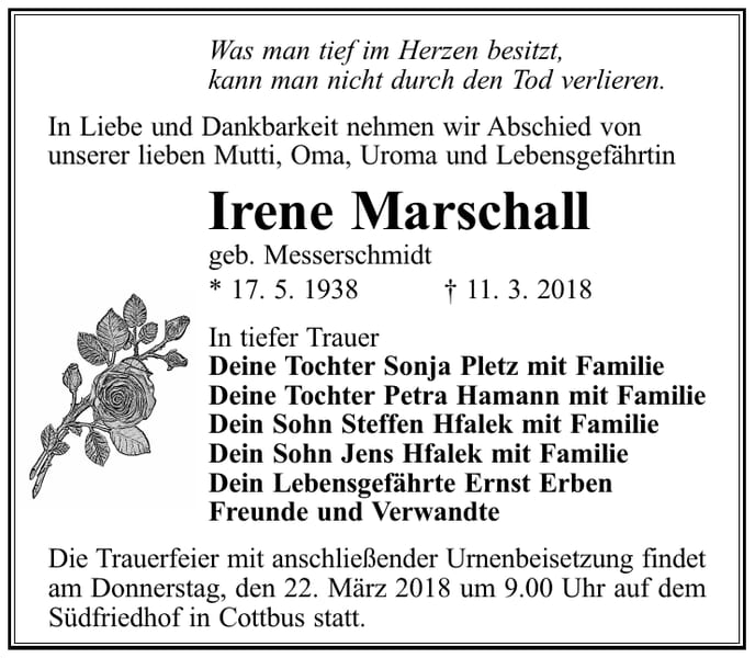 Traueranzeige Irene Marschall, geb. Messerschmidt