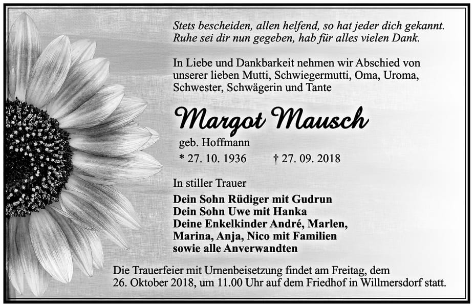 Traueranzeige Margot Mausch geb. Hoffmann