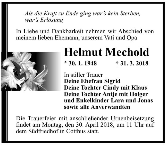 Traueranzeige Helmut Mechold