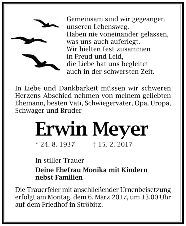Traueranzeige Erwin Meyer