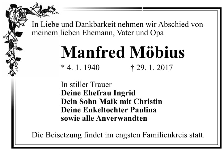 Traueranzeige Manfred Möbius