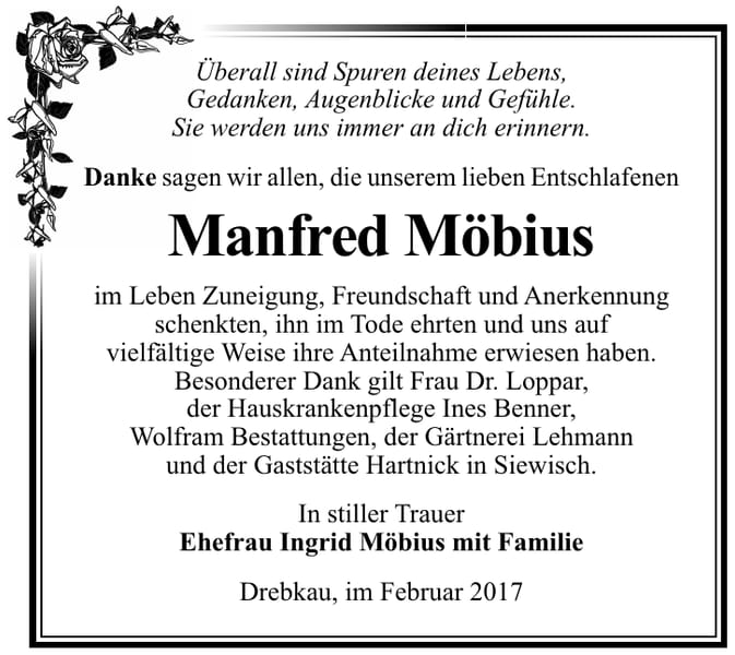 Danksagung Manfred Möbius