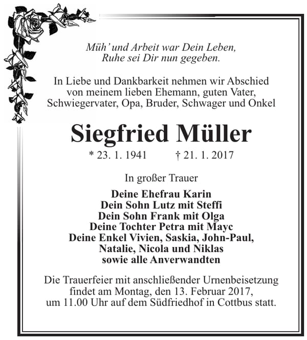 Traueranzeige Siegfried Müller