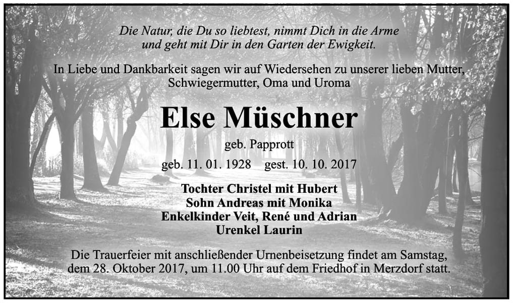 Traueranzeige Else Müschner, geb. Pappott