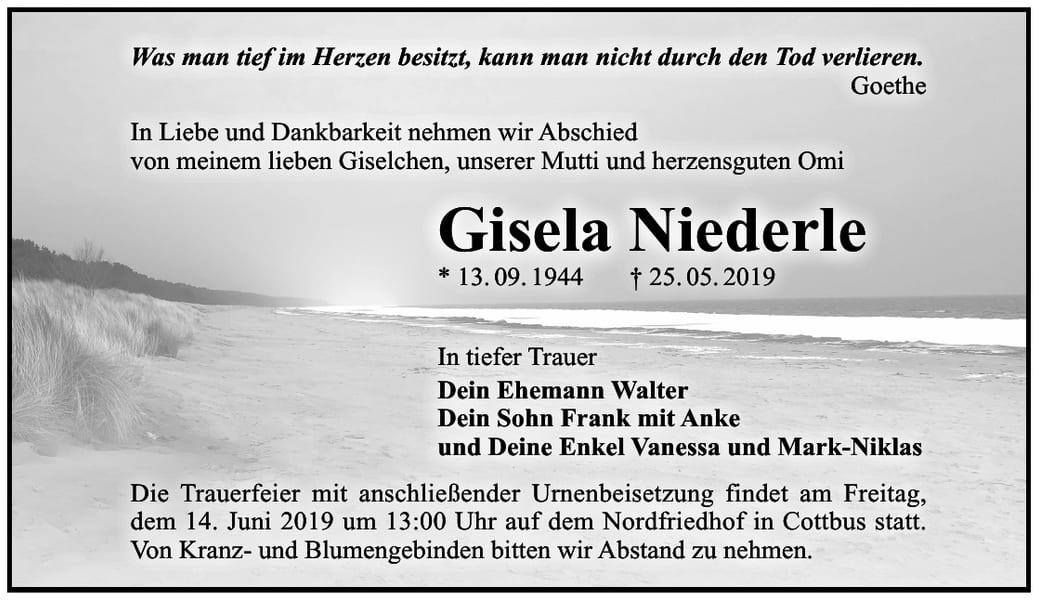 Traueranzeige Gisela Niederle