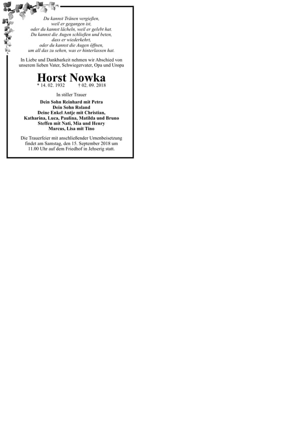Traueranzeige Horst Nowka