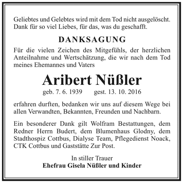 Danksagung Aribert Nüßler