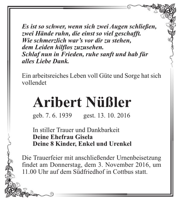 Traueranzeige Aribert Nüßler