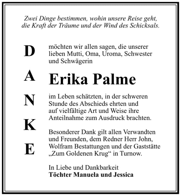 Traueranzeige Erika Palme
