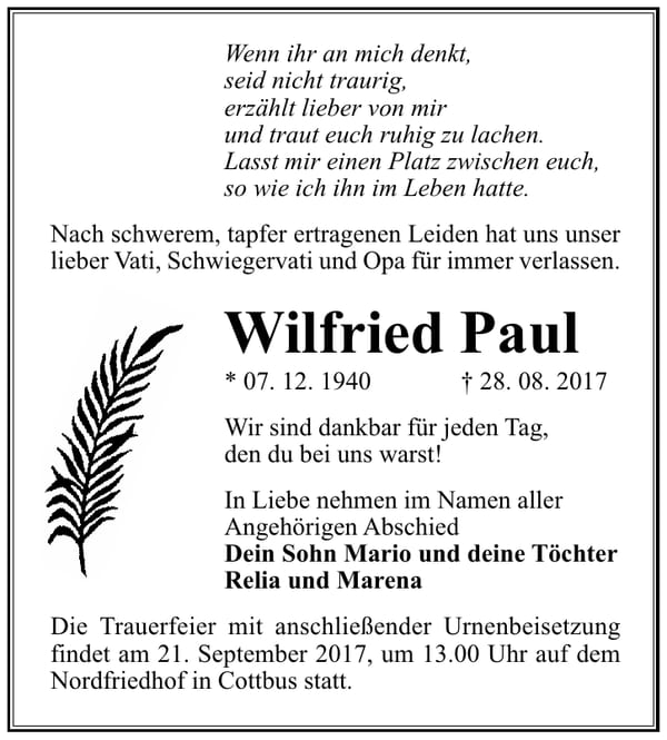 Traueranzeige Wilfried Paul