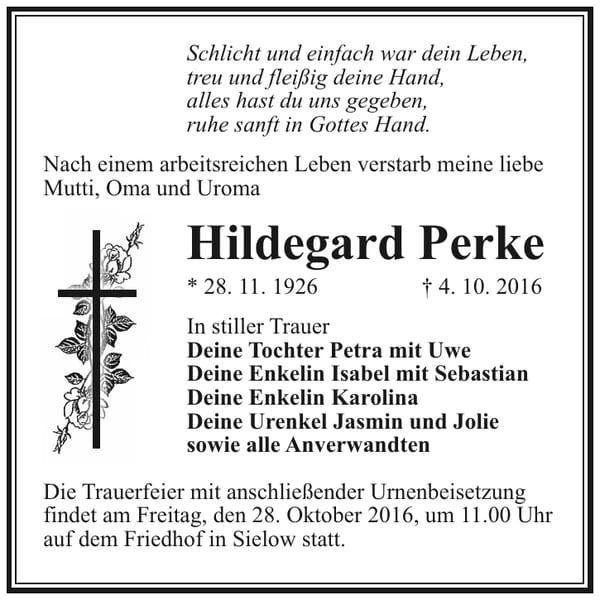 Traueranzeige Hildegard Perke