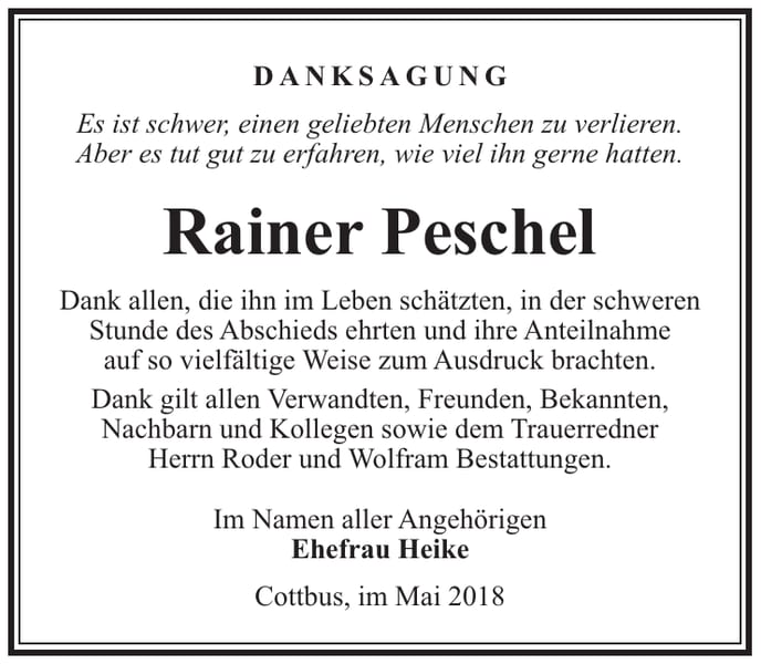 Danksagung Rainer Peschel