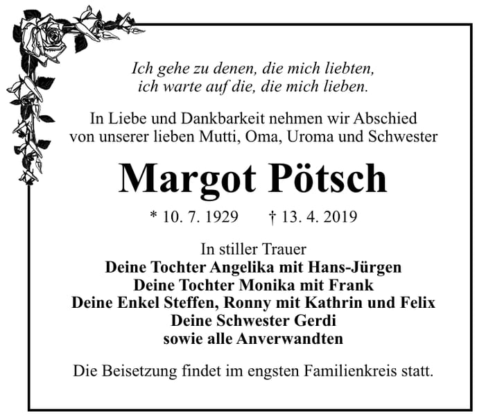 Traueranzeige Margot Pötsch