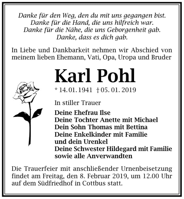 Traueranzeige Karl Pohl