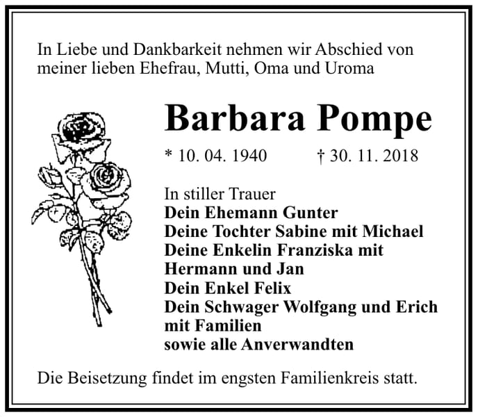 Traueranzeige Barbara Pompe