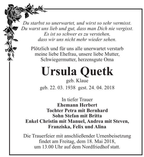 Traueranzeige Ursula Quetk, geb. Klaue