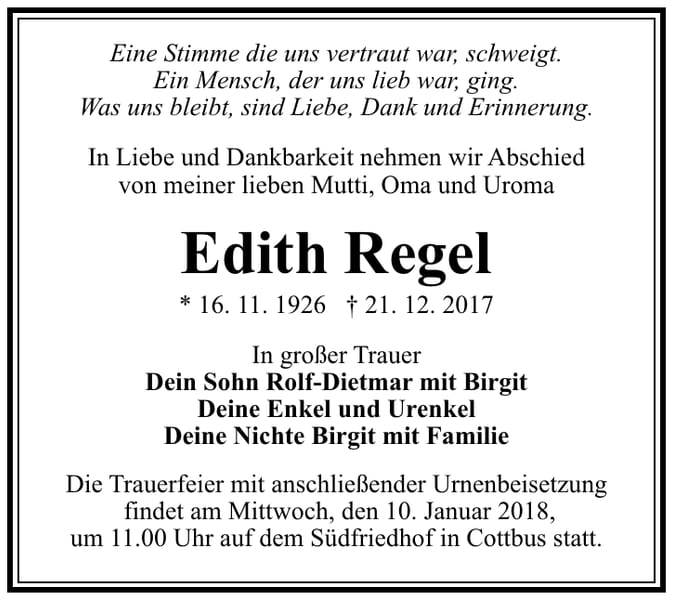 Traueranzeige Edith Regel
