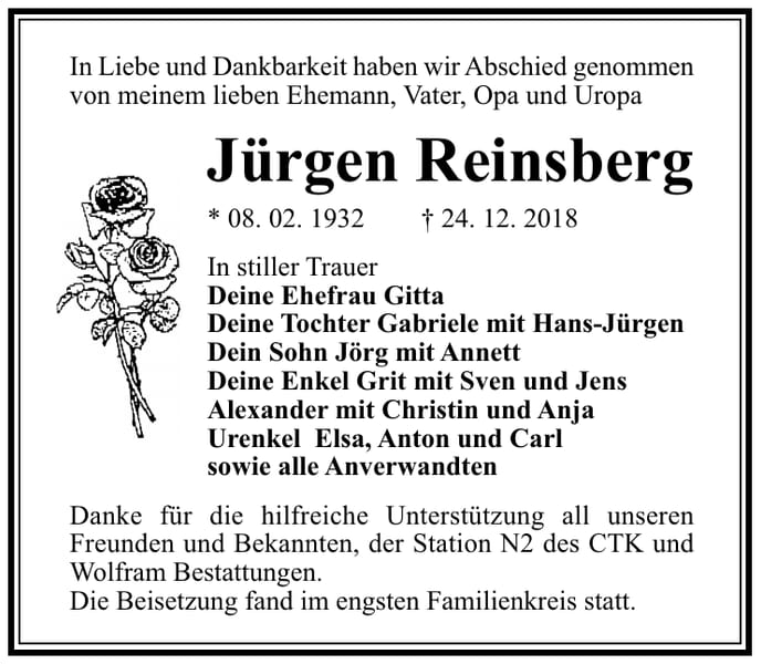 Traueranzeige Jürgen Reinsberg