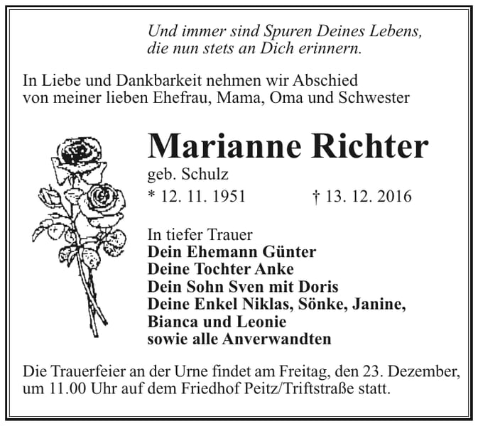 Traueranzeige Marianne Richter, geb. Schulz