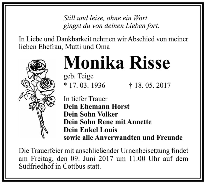 Traueranzeige Monika Risse, geb. Teige