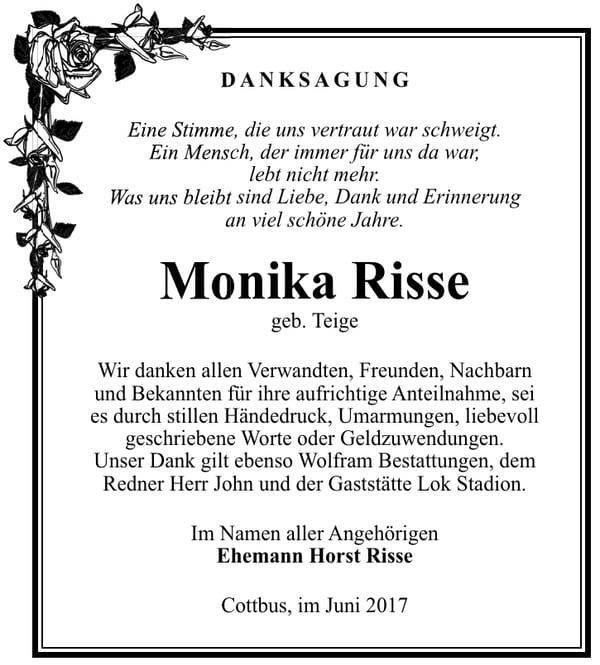 Danksagung Monika Risse, geb. Teige