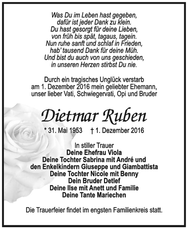Traueranzeige Dietmar Ruben