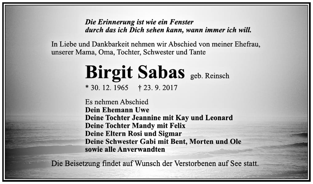 Traueranzeige Birgit Sabas, geb. Reinsch