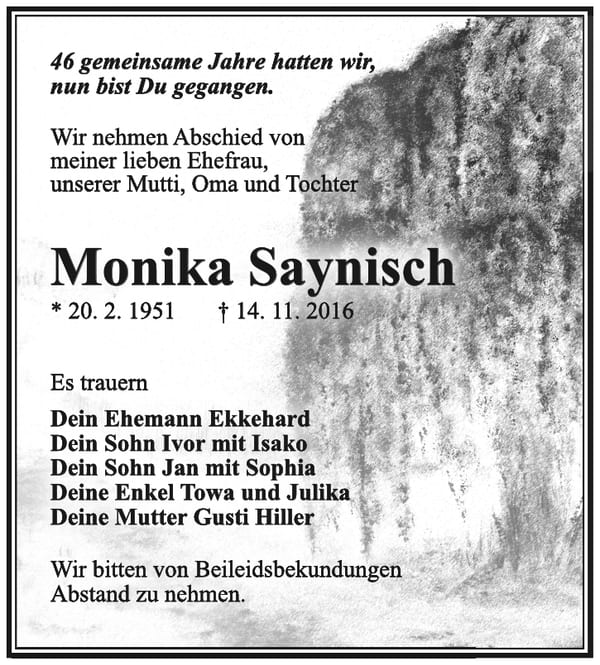 Traueranzeige Monika Saynisch