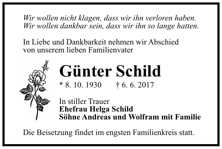 Traueranzeige Günter Schild