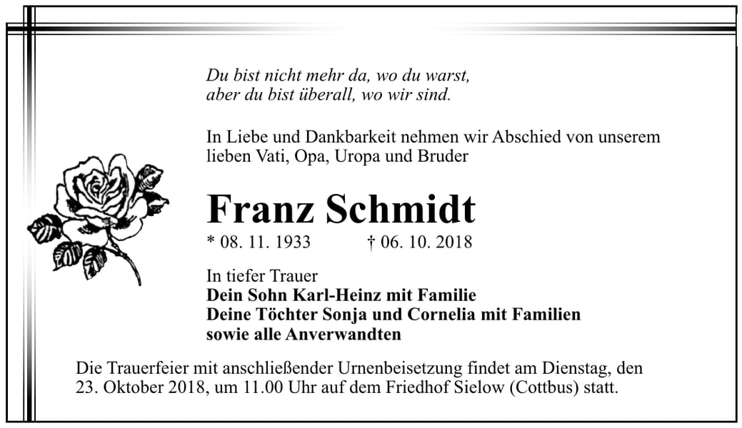Traueranzeige Franz Schmidt