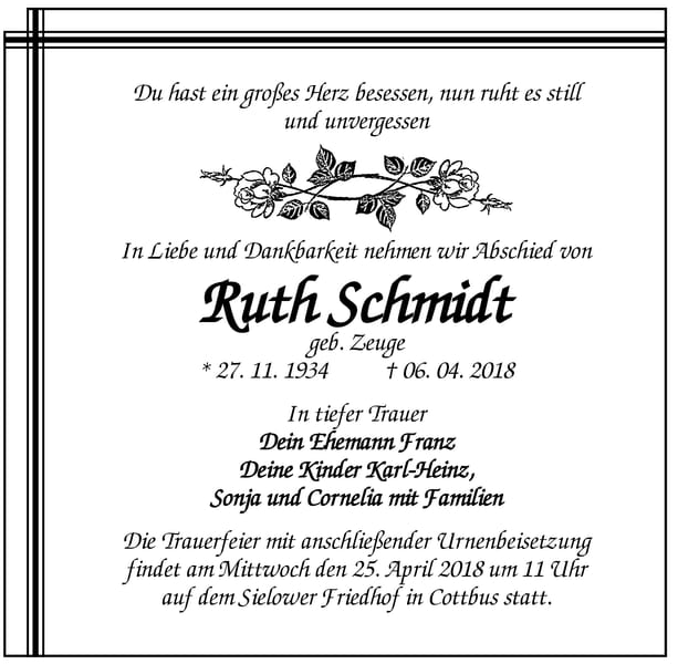 Traueranzeige Ruth Schmidt geb. Zeuge