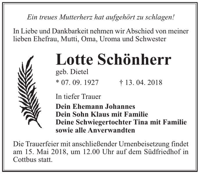 Traueranzeige Lotte Schönherr, geb. Dietel