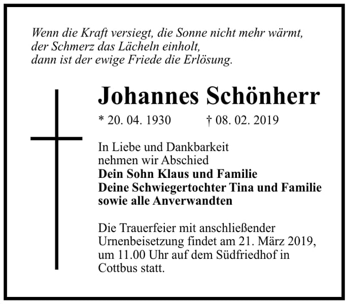 Traueranzeige Johannes Schönherr