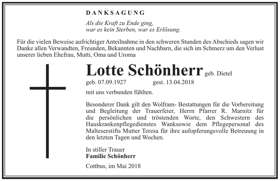 Danksagung Lotte Schönherr, geb. Dietel